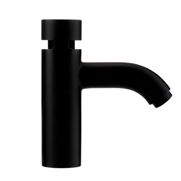 Matte black non-concussive basin tap with curved spout, self-closing water-saving feature, and durable minimalist design