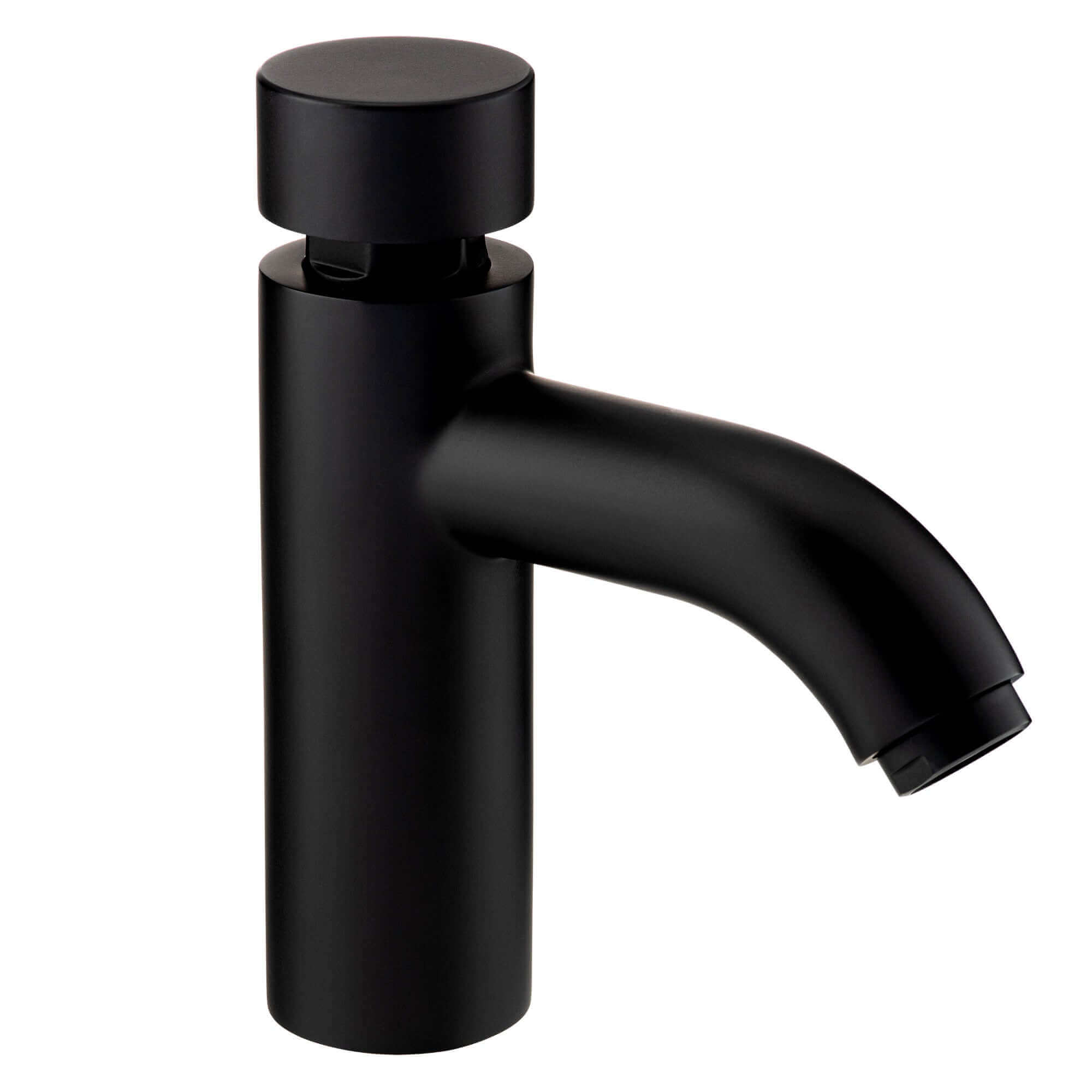 Matte black non-concussive basin tap with sleek cylindrical design, self-closing mechanism, and water-saving functionality