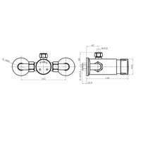 Technical drawing of a non-concussive shower mixer valve with labeled dimensions for precise installation