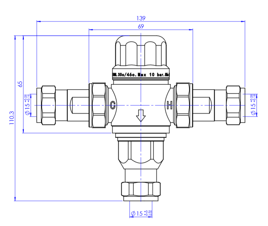 Thermostatic mixing valve - DN15 - chrome dimensions diagram
