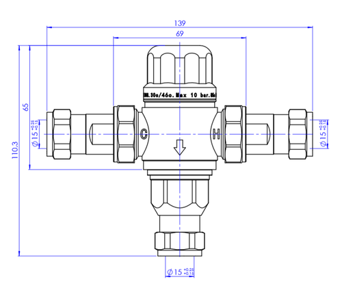 Thermostatic mixing valve - DN15 - chrome dimensions diagram