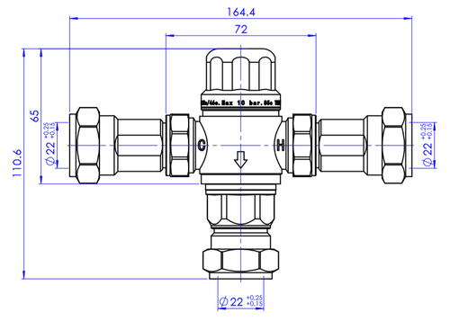 Thermostatic mixing valve - DN22 - chrome dimensions diagram