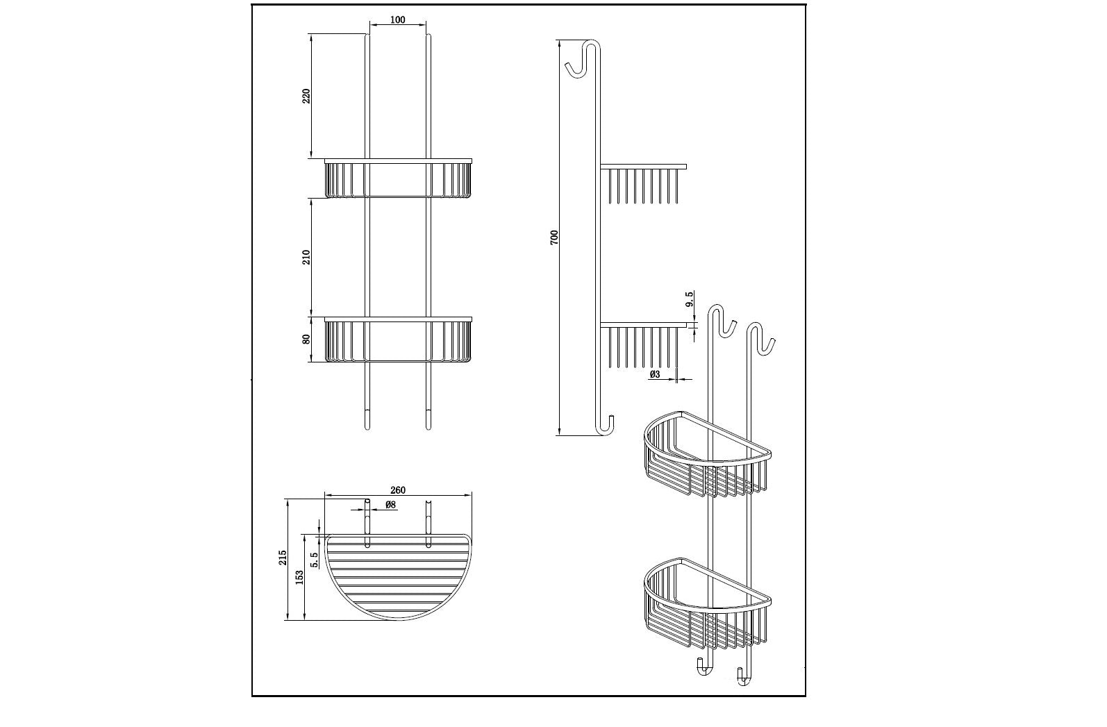 Double corner wire soap caddy - Chrome dimensions diagram