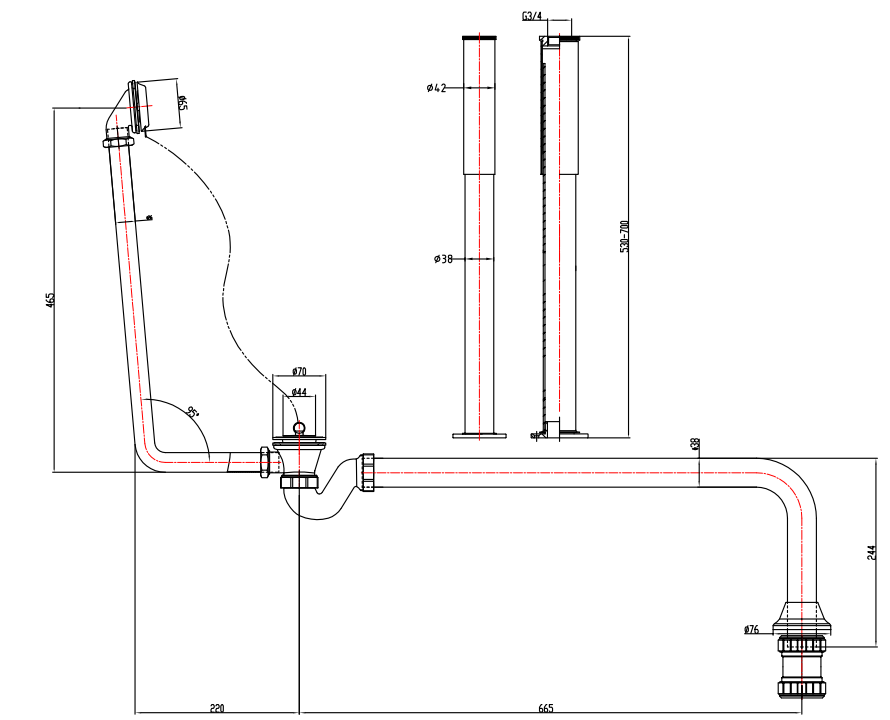 Roll Top Bath Pack - Chrome dimensions diagram