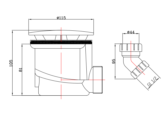 Shower Tray Low Profile Waste 90mm - Brushed Brass dimensions diagram