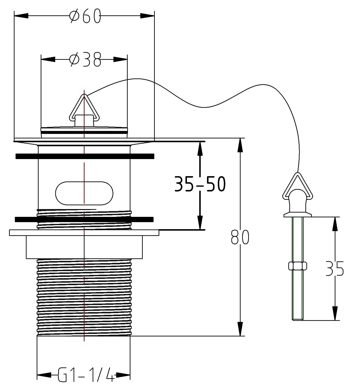 Plug & Chain Basin Waste - Chrome dimensions diagram