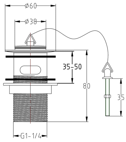 Plug & Chain Basin Waste - Chrome dimensions diagram