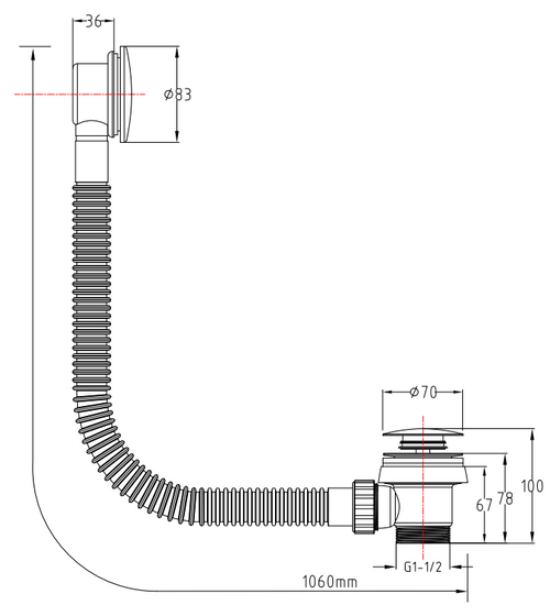 Bath Easy Clean Sprung Waste - Brushed Gold dimensions diagram