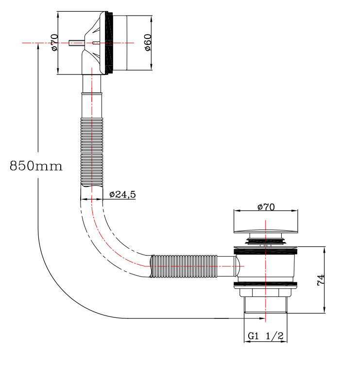 Round Bath & Sprung Waste - Chrome dimensions diagram