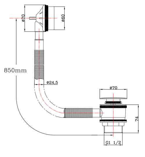 Round Bath & Sprung Waste - Chrome dimensions diagram