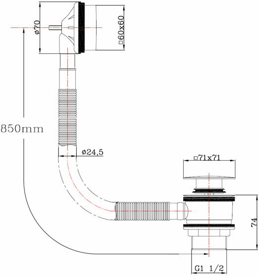Square Bath Sprung Waste & Overflow - Chrome dimensions diagram