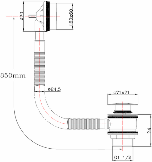 Square Bath Sprung Waste & Overflow - Chrome dimensions diagram