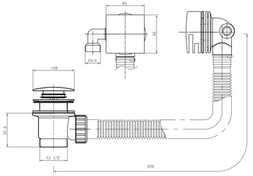 Bath Filler with Sprung Waste - Matt Black dimensions diagram