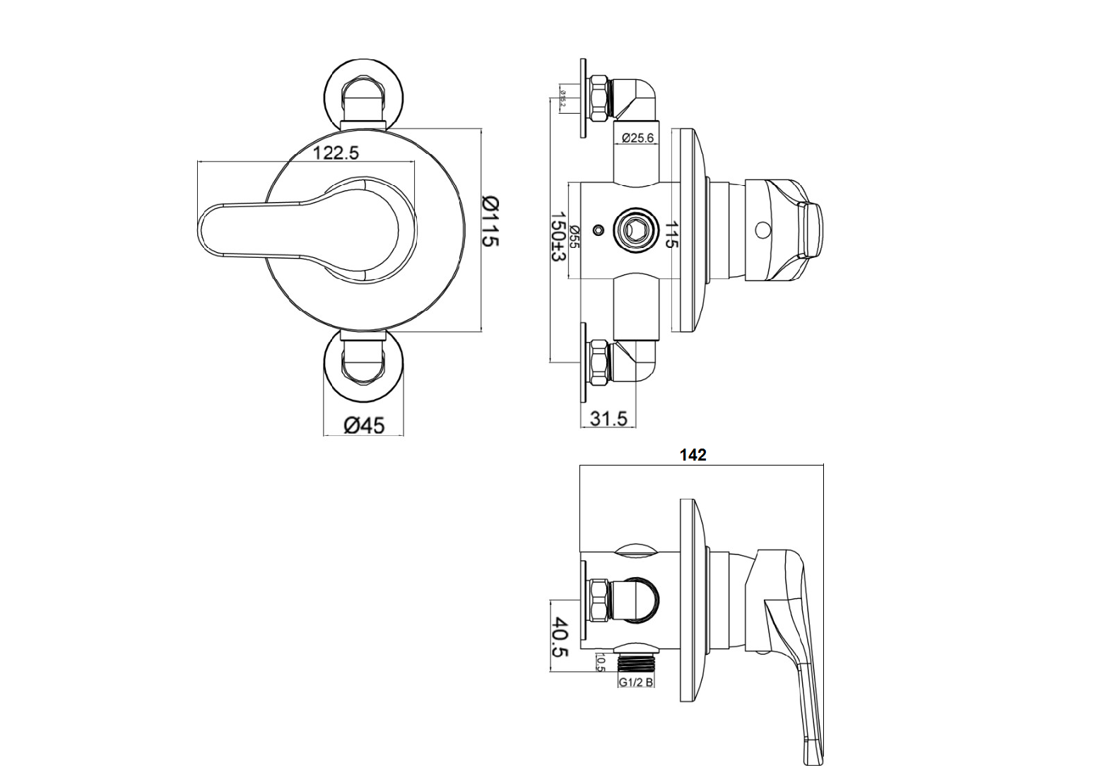 Tenor single lever manual shower mixer valve - chrome dimensions diagram