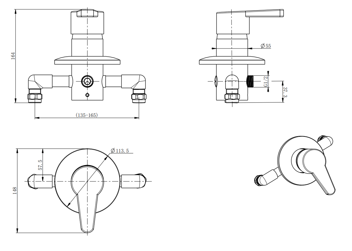 Tenor single lever manual shower mixer valve - chrome dimensions diagram