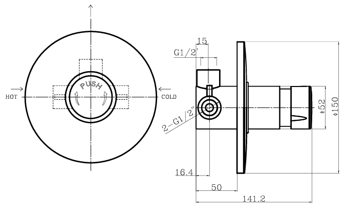 Tenor concealed non concussive shower mixer - chrome dimensions diagram