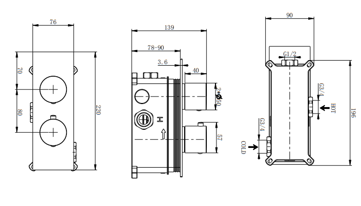 Colton single outlet concealed thermostatic mixer valve - chrome dimensions diagram