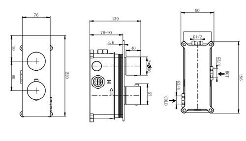 Colton single outlet concealed thermostatic mixer valve - chrome dimensions diagram