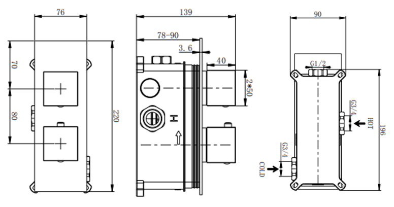 Colton single outlet concealed thermostatic mixer valve - chrome dimensions diagram