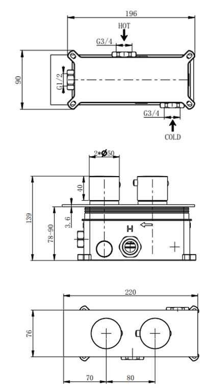 Colton two outlet concealed thermostatic mixer valve - chrome dimensions diagram