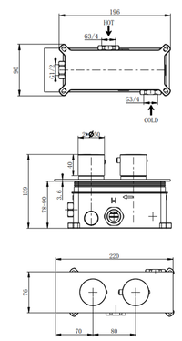 Colton two outlet concealed thermostatic mixer valve - chrome dimensions diagram