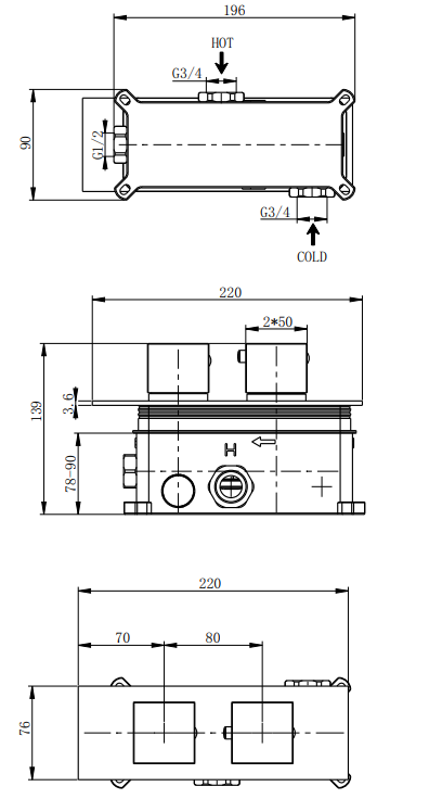 Colton two outlet concealed thermostatic mixer valve - chrome dimensions diagram