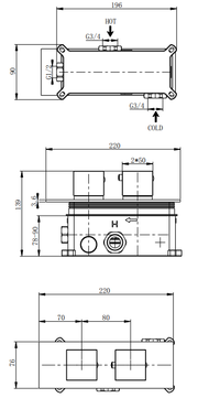 Colton two outlet concealed thermostatic mixer valve - chrome dimensions diagram