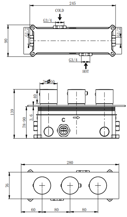 Colton two outlet concealed thermostatic mixer valve - chrome dimensions diagram