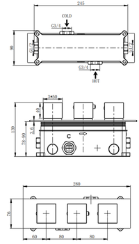 Colton two outlet concealed thermostatic mixer valve - chrome dimensions diagram