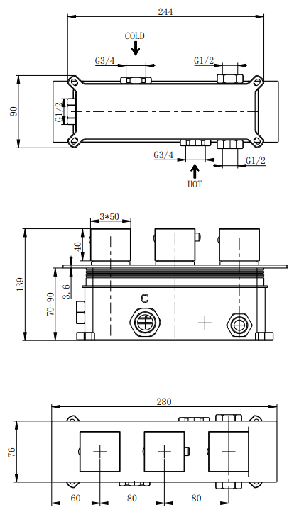 Colton three outlet concealed thermostatic mixer valve - chrome dimensions diagram