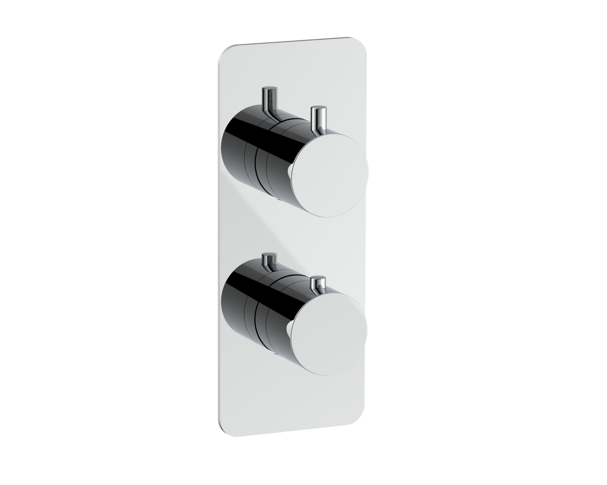 A modern wall-mounted thermostatic shower valve trim with two round chrome controls on a rectangular white backplate, shown against a plain white background.