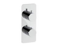 A modern wall-mounted thermostatic shower valve trim with two round chrome controls on a rectangular white backplate, shown against a plain white background.