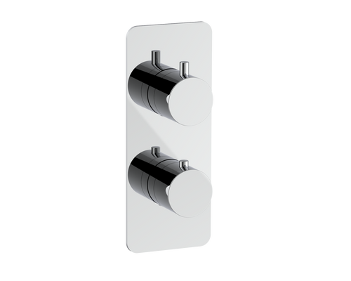A modern wall-mounted thermostatic shower valve trim with two round chrome controls on a rectangular white backplate, shown against a plain white background.