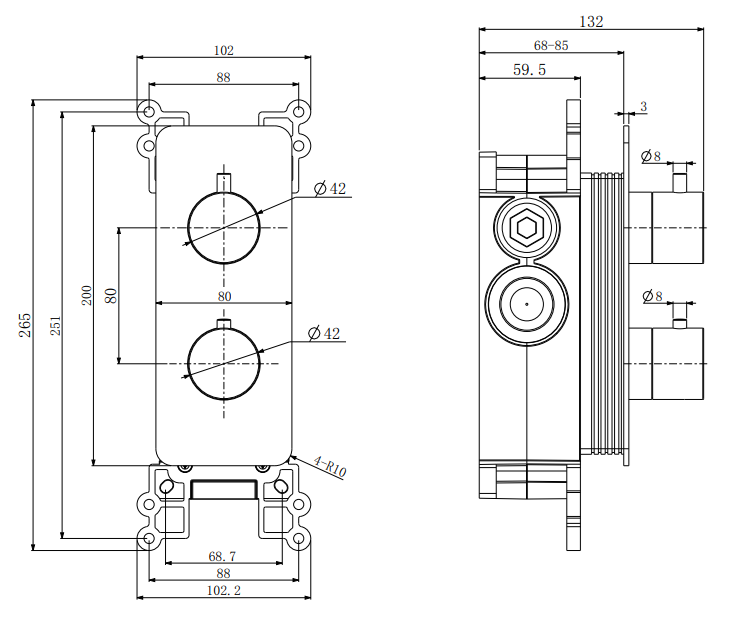 Corran two outlet concealed thermostatic mixer valve - brushed brass dimensions diagram