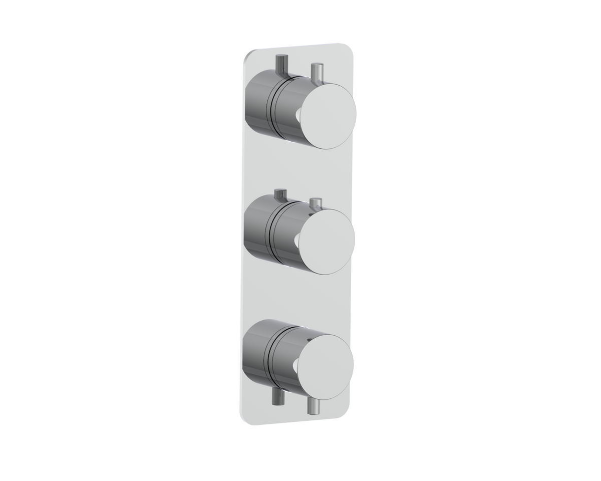 A modern three-hole wall-mounted shower valve trim with a brushed chrome finish, shown on a solid white background.
