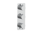 A modern three-hole wall-mounted shower valve trim with a brushed chrome finish, shown on a solid white background.