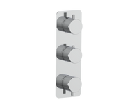 A modern three-hole wall-mounted shower valve trim with a brushed chrome finish, shown on a solid white background.