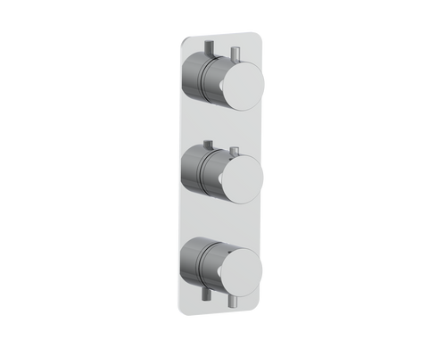 A modern three-hole wall-mounted shower valve trim with a brushed chrome finish, shown on a solid white background.