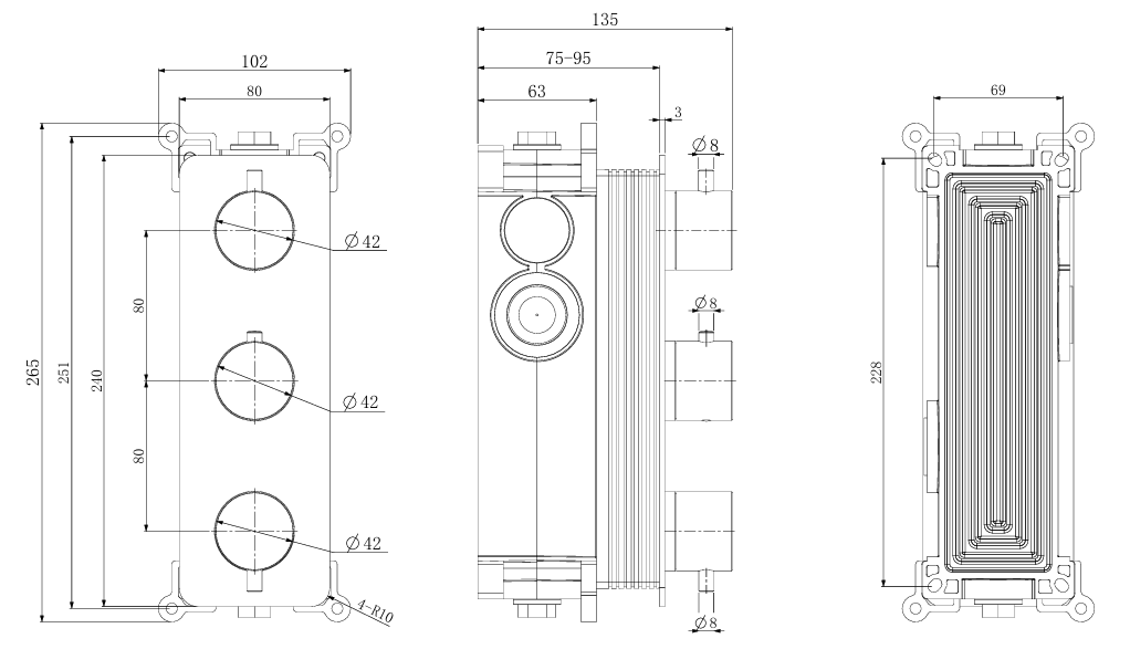 Corran two outlet concealed thermostatic mixer valve - brushed bronze dimensions diagram
