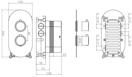 Corran two outlet concealed thermostatic mixer valve - brushed brass dimensions diagram