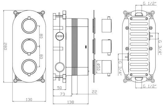 Corran two outlet concealed thermostatic mixer valve - brushed brass dimensions diagram