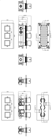 Corran two outlet concealed thermostatic mixer valve - brushed brass dimensions diagram