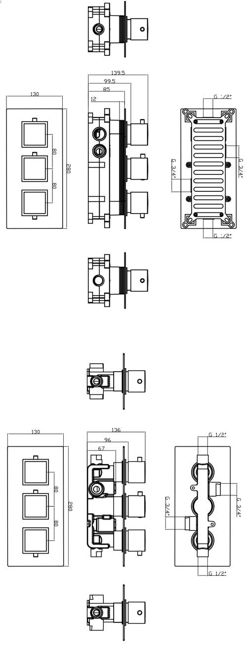 Corran two outlet concealed thermostatic mixer valve - brushed brass dimensions diagram