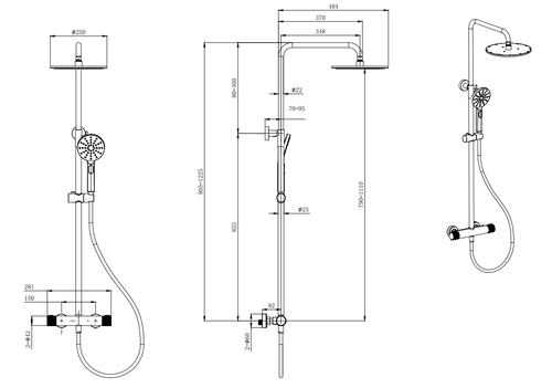 Malden knurled handle cool touch thermostatic shower mixer with riser rail - chrome dimensions diagram