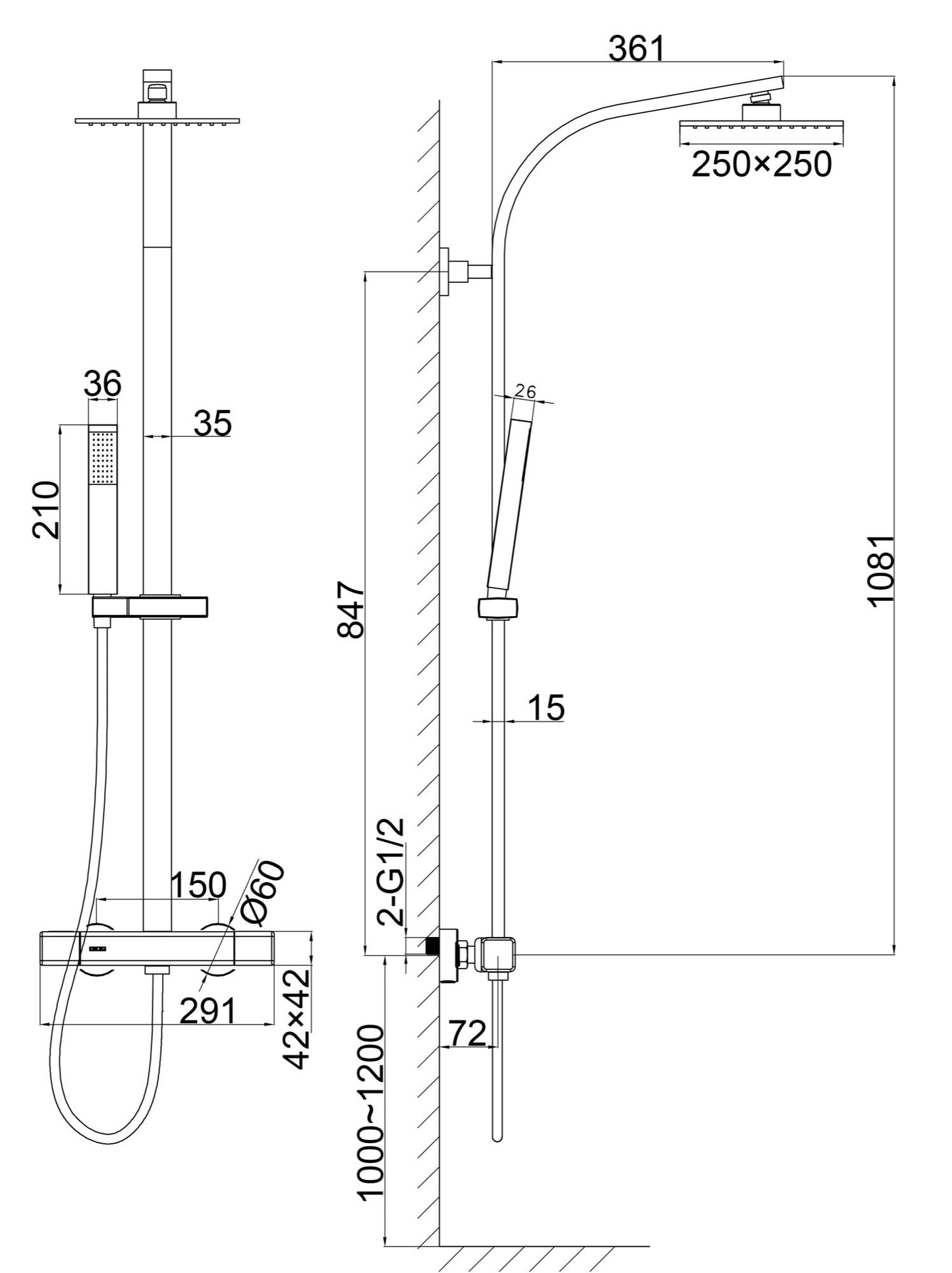 Rydal cool touch thermostatic shower mixer - chrome dimensions diagram