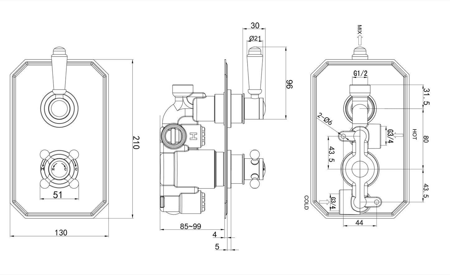 Wenlock 1 way concealed thermostatic shower - chrome dimensions diagram