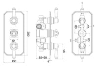 Wenlock 2 way concealed thermostatic shower - chrome dimensions diagram