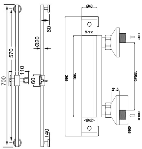 Vasto cool touch thermostatic shower mixer with slide rail kit - chrome dimensions diagram