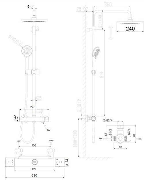 Vasto cool touch thermostatic shower mixer with riser rail kit - chrome dimensions diagram