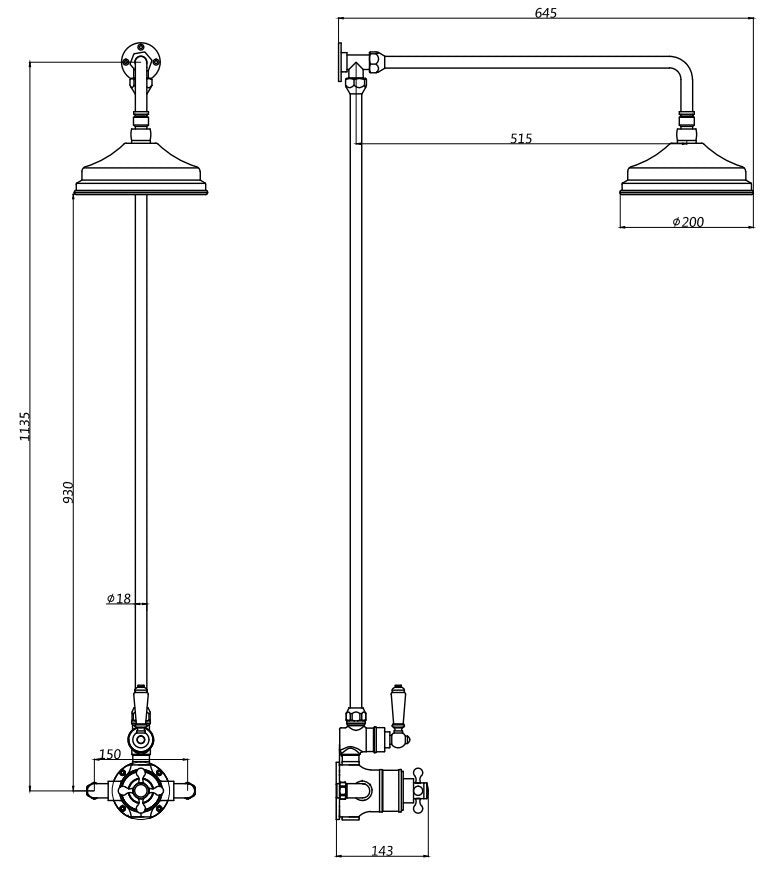 Wenlock wall mounted exposed thermostatic shower mixer system - chrome dimensions diagram